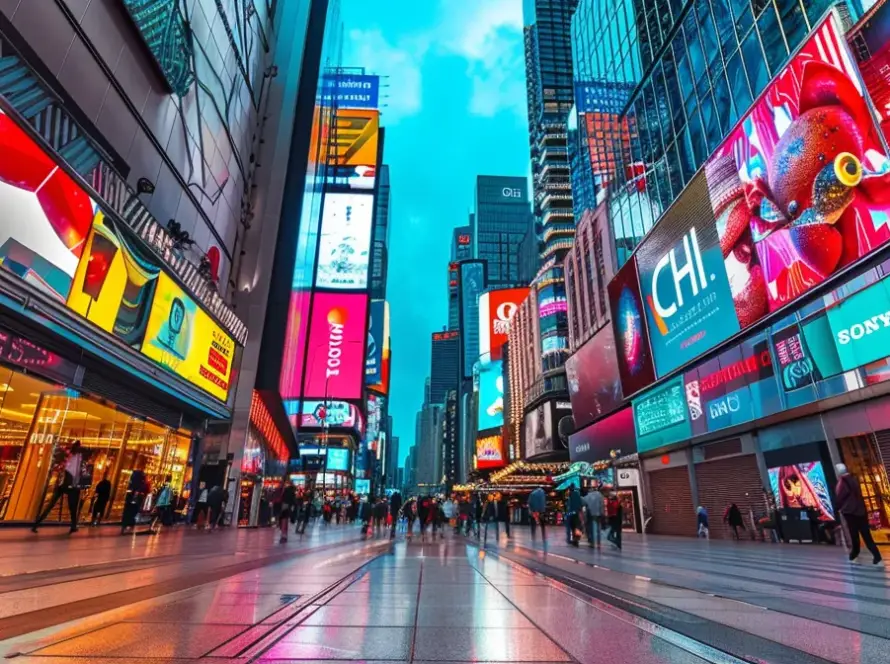 a vibrant and bustling city street lined with modern, eye-catching billboards advertising the latest marketing strategies for businesses in 2024.